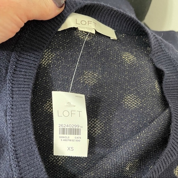 Loft Pullover Sweater Navy Blue Gold Polka Dot Knit NWT Soft - Picture 11 of 12